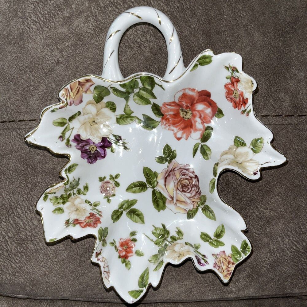Royal Danube Leaf Shape Roses Gold Trim Candy/Nut/Serving Dish w/ Handle RDV8